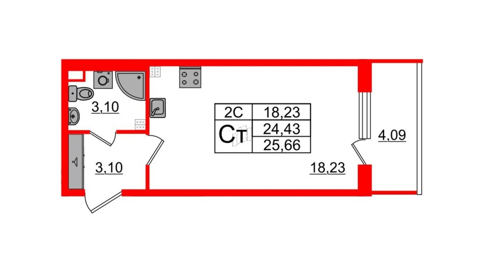 Планировка: студия, 24,4 м²
