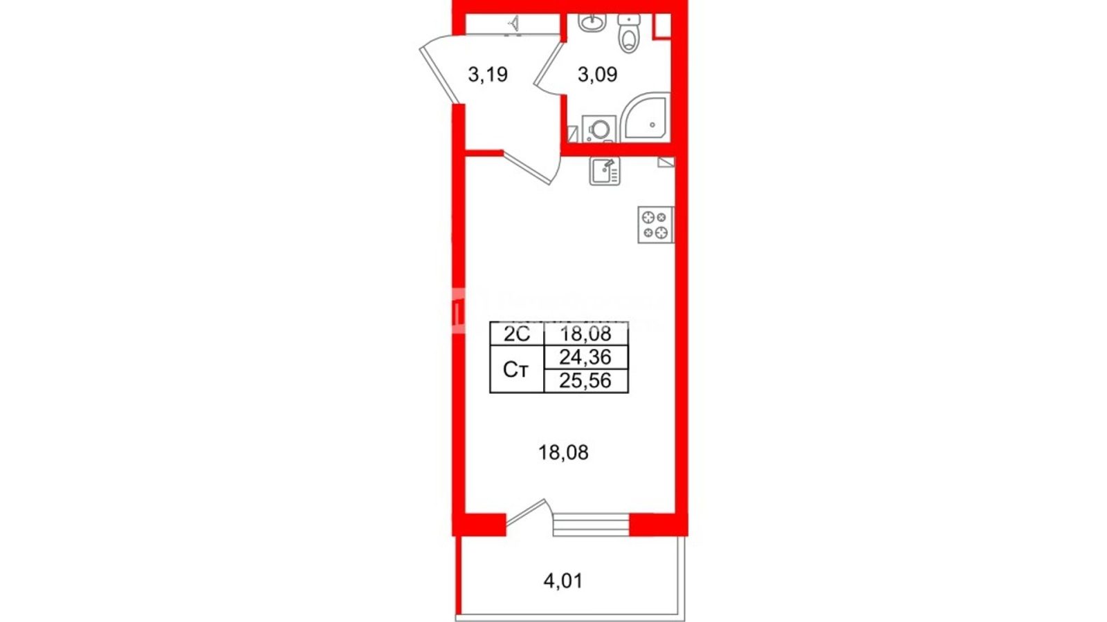 Планировка: студия, 24,4 м²