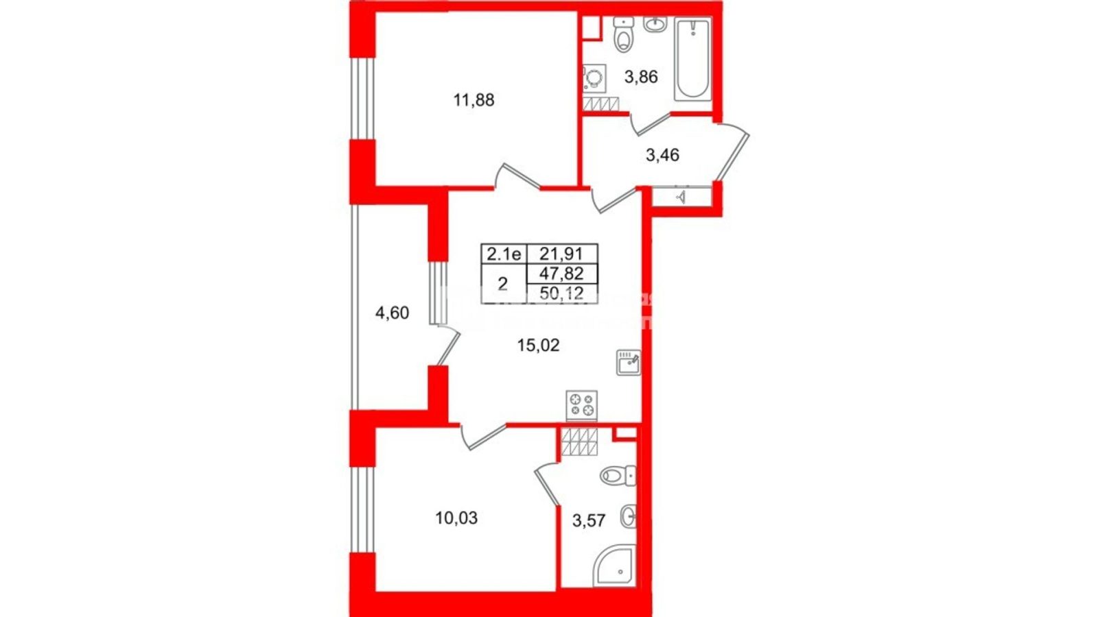 Планировка: 2-комнатная квартира, 47,8 м²