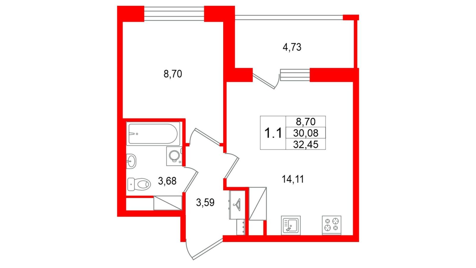 Планировка: 1-комнатная квартира, 30,1 м²