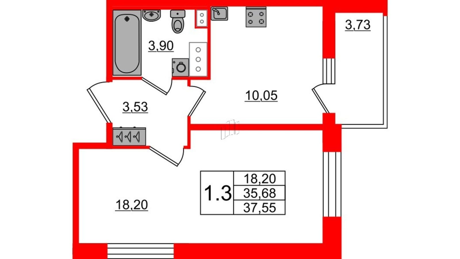 Планировка: 1-комнатная квартира, 35,7 м²