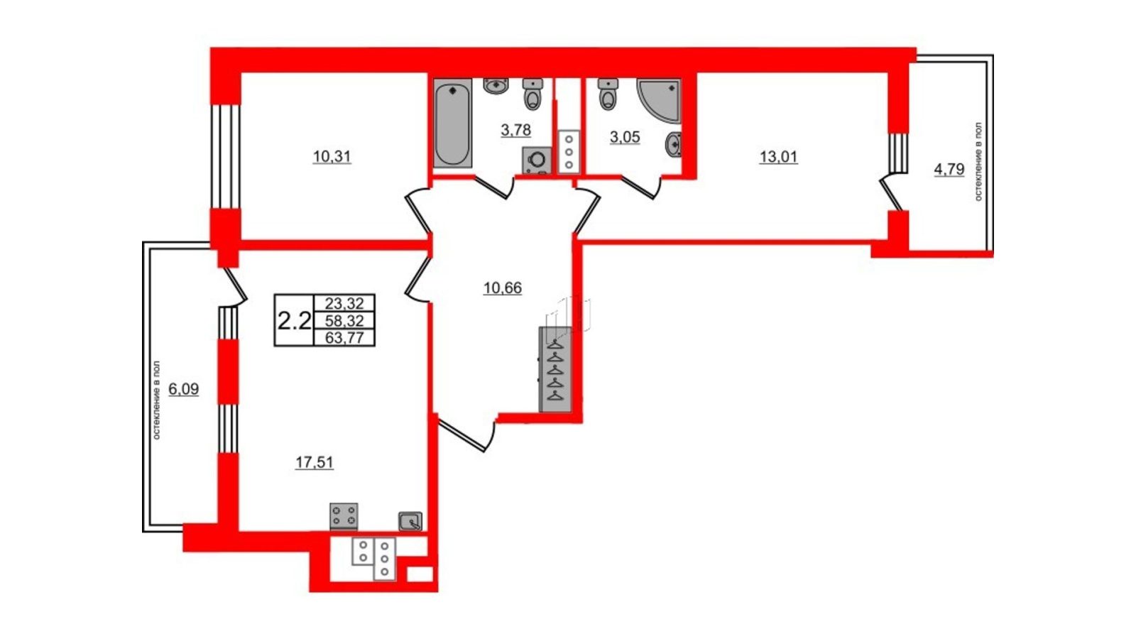 Планировка: 2-комнатная квартира, 58,3 м²