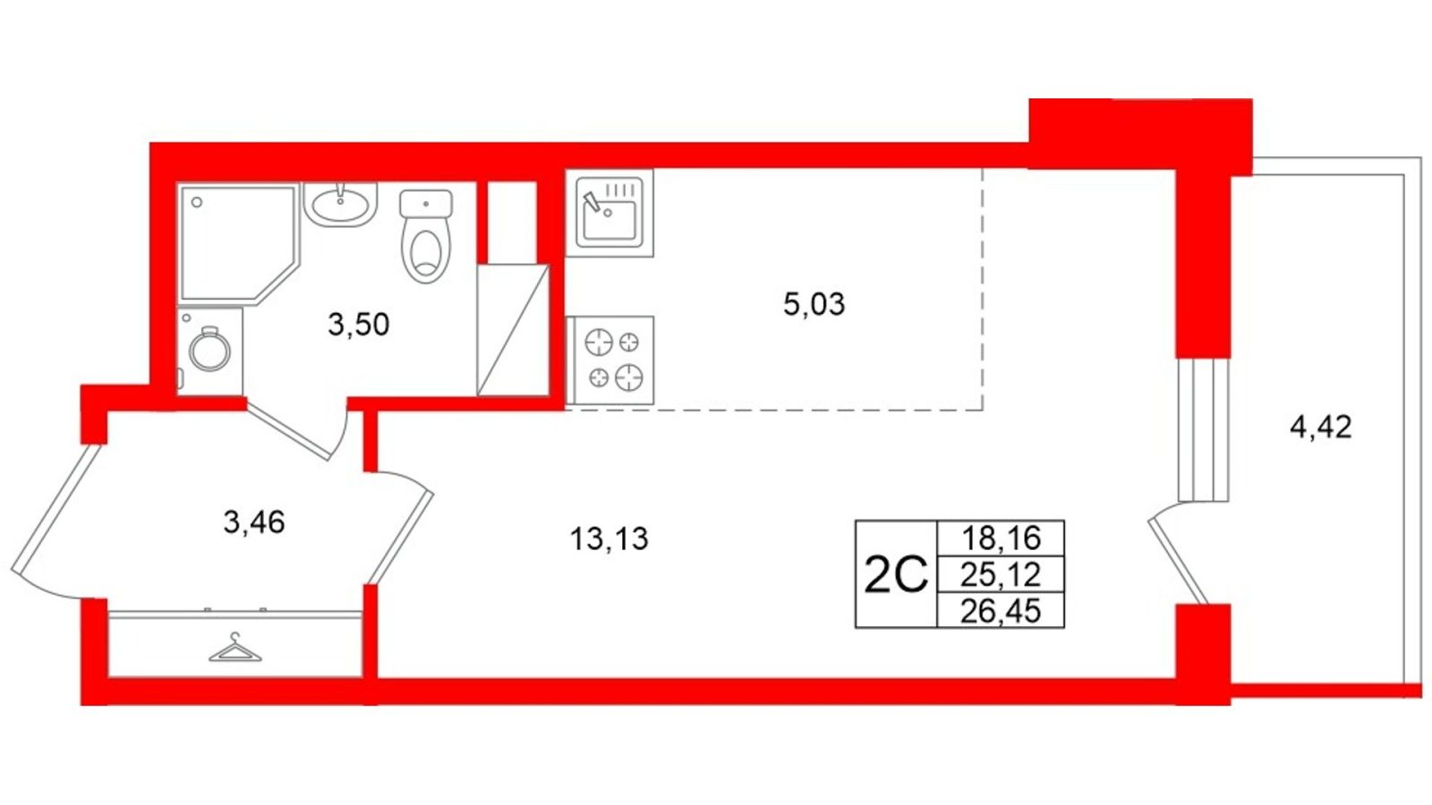Планировка: студия, 25,1 м²