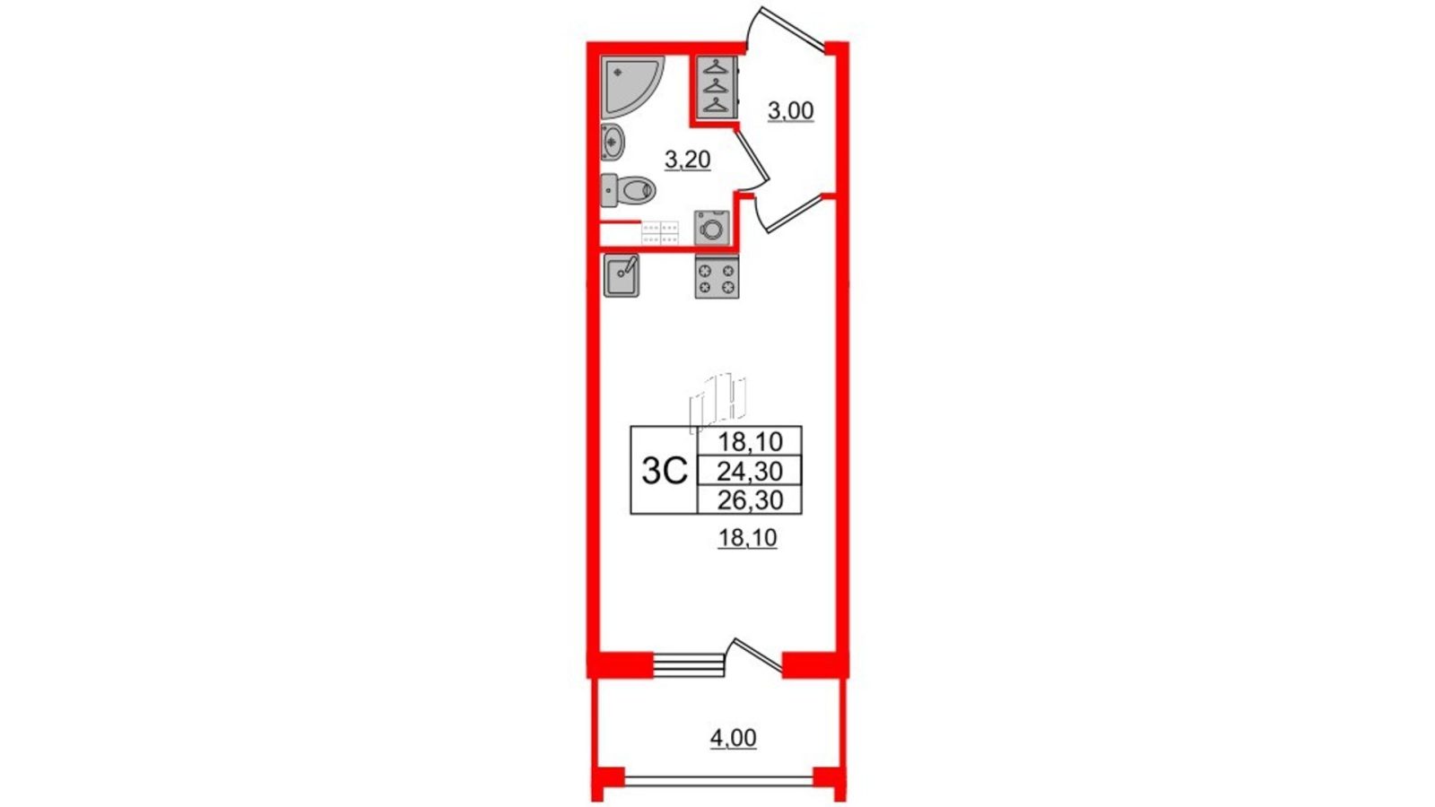 Планировка: студия, 24,3 м²