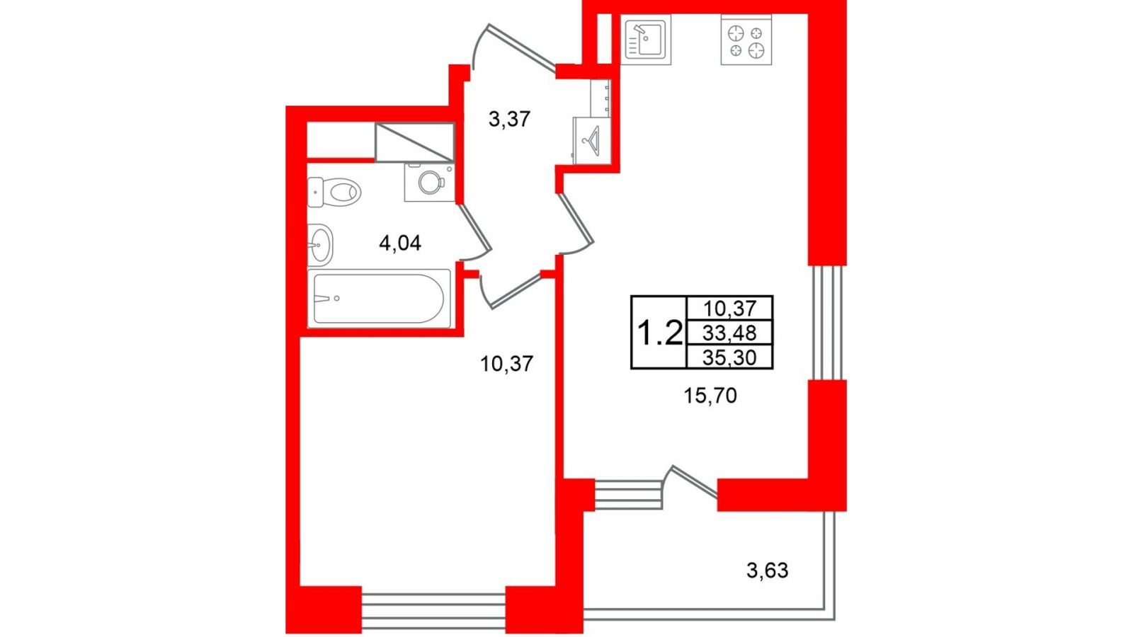 Планировка: 1-комнатная квартира, 33,5 м²