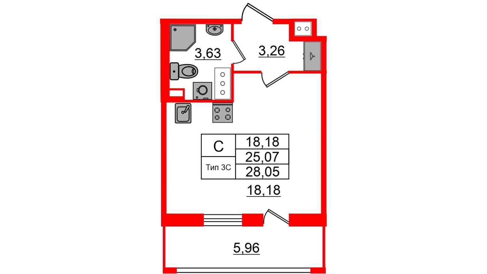 Планировка: студия, 25,1 м²
