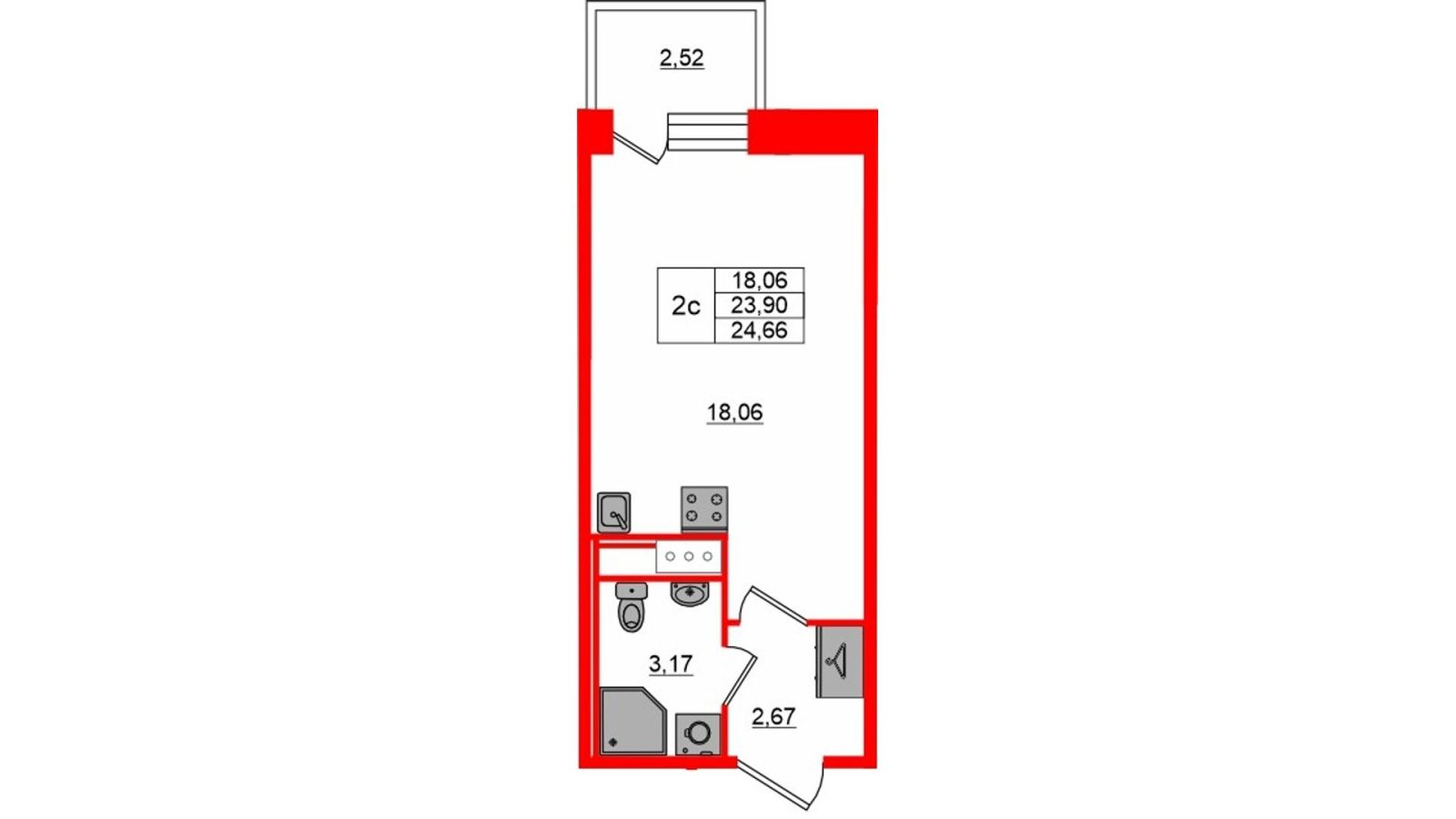 Планировка: студия, 23,9 м²