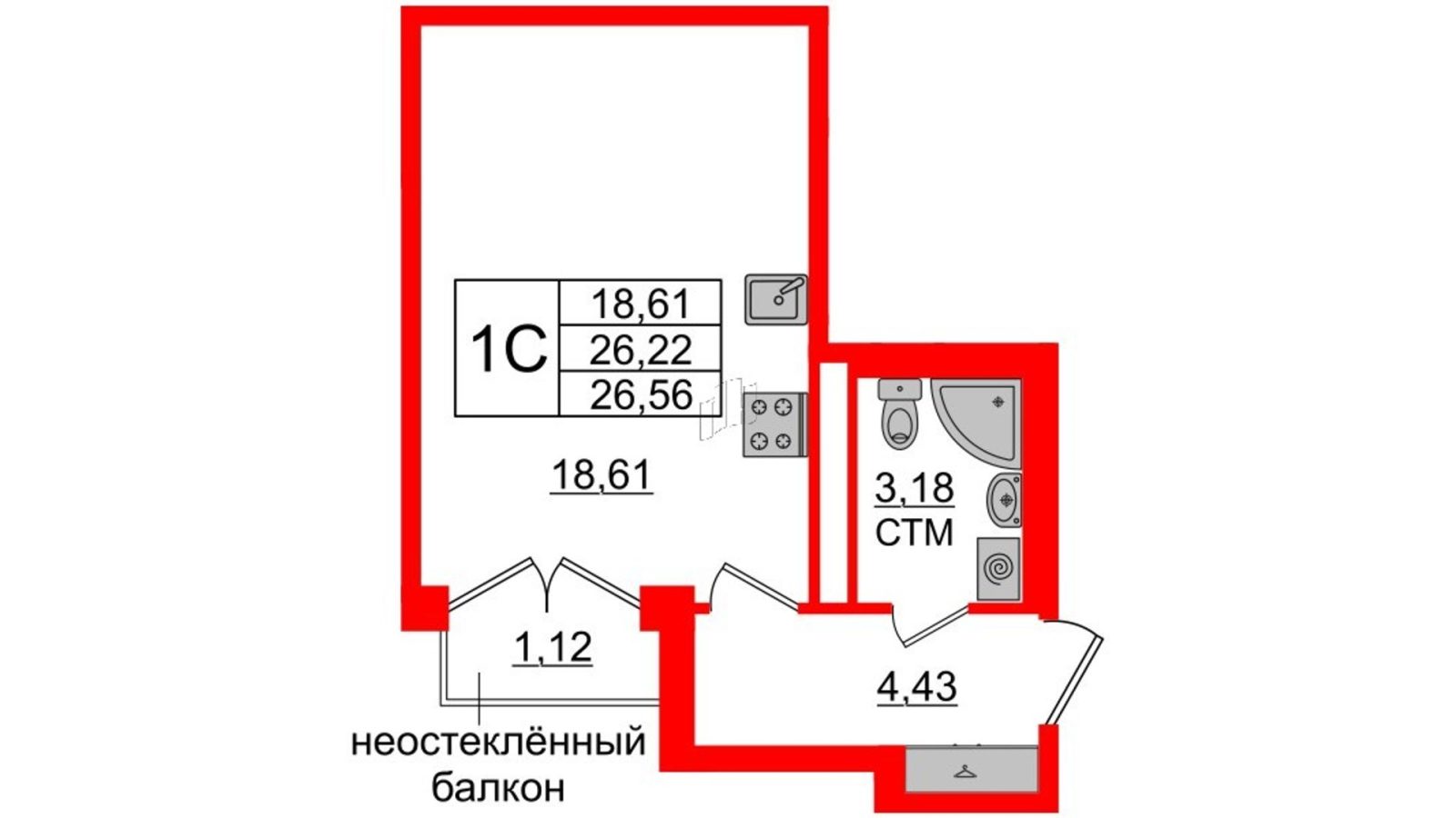 Планировка: студия, 25,9 м²