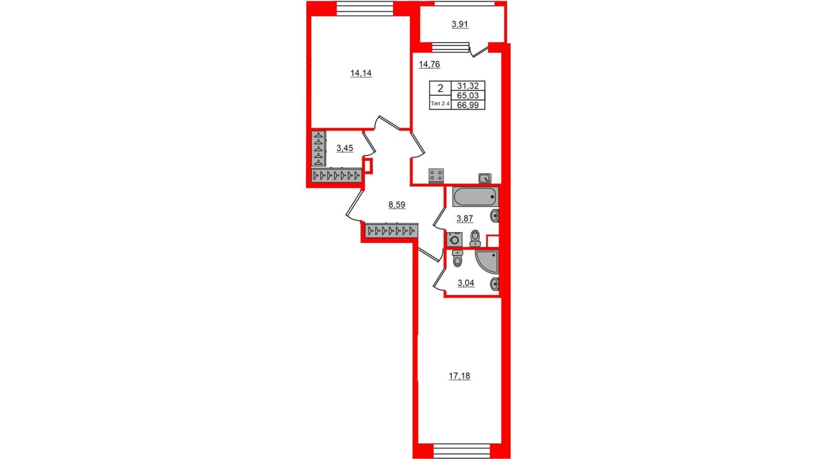 Планировка: 2-комнатная квартира, 65,0 м²