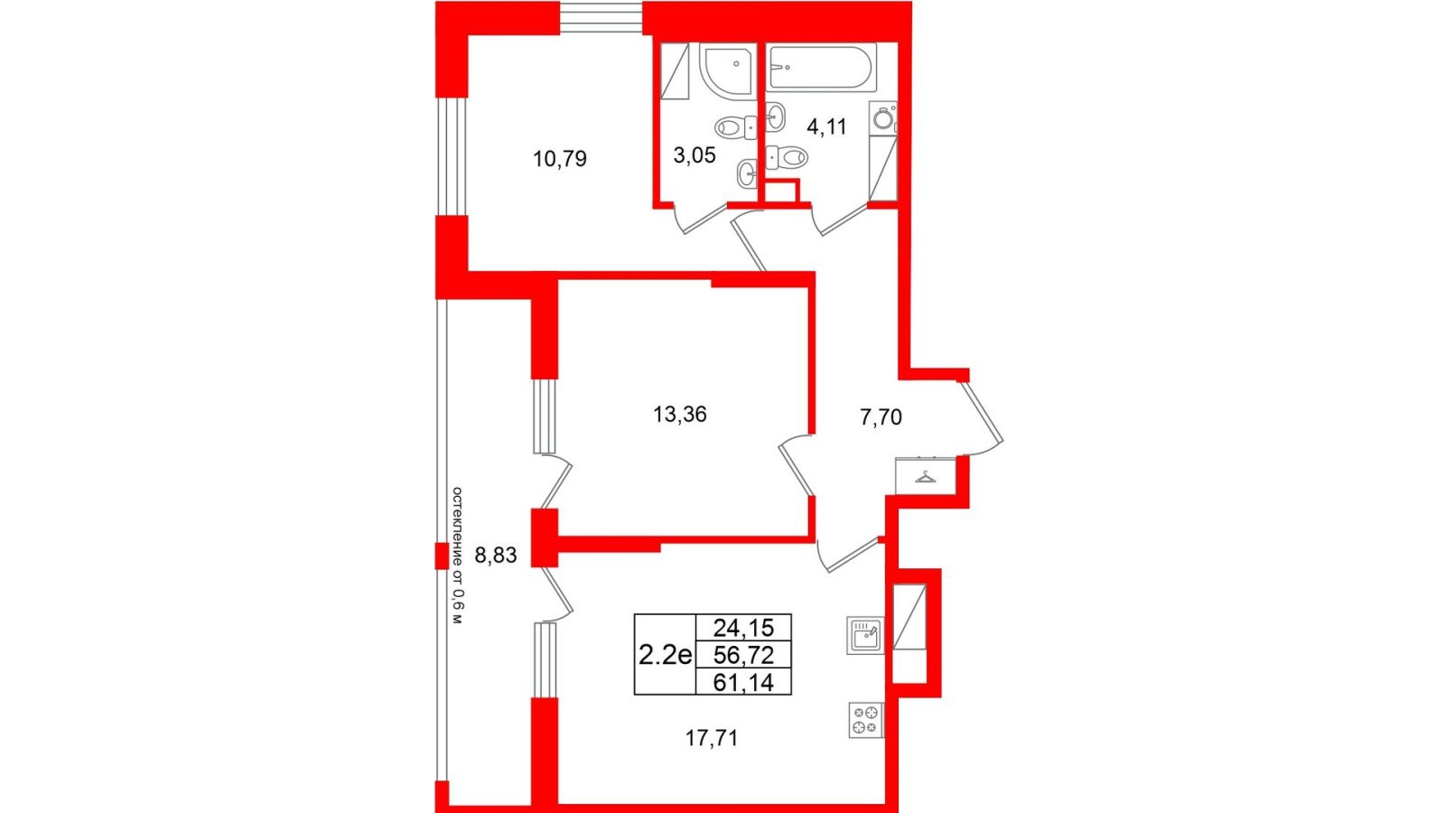 Планировка: 2-комнатная квартира, 56,7 м²