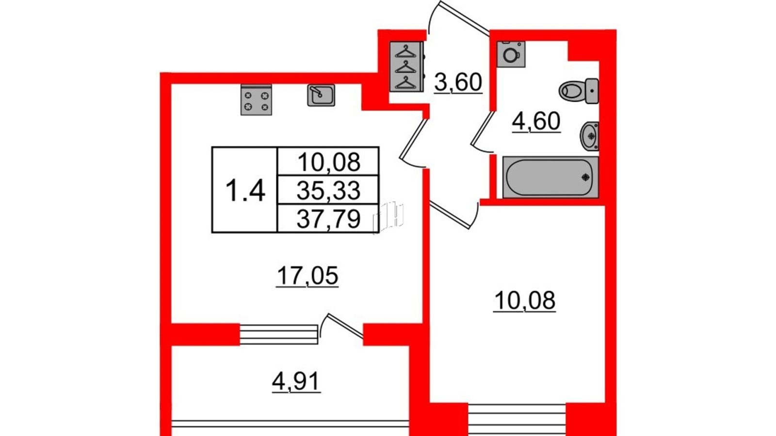 Планировка: 1-комнатная квартира, 35,3 м²