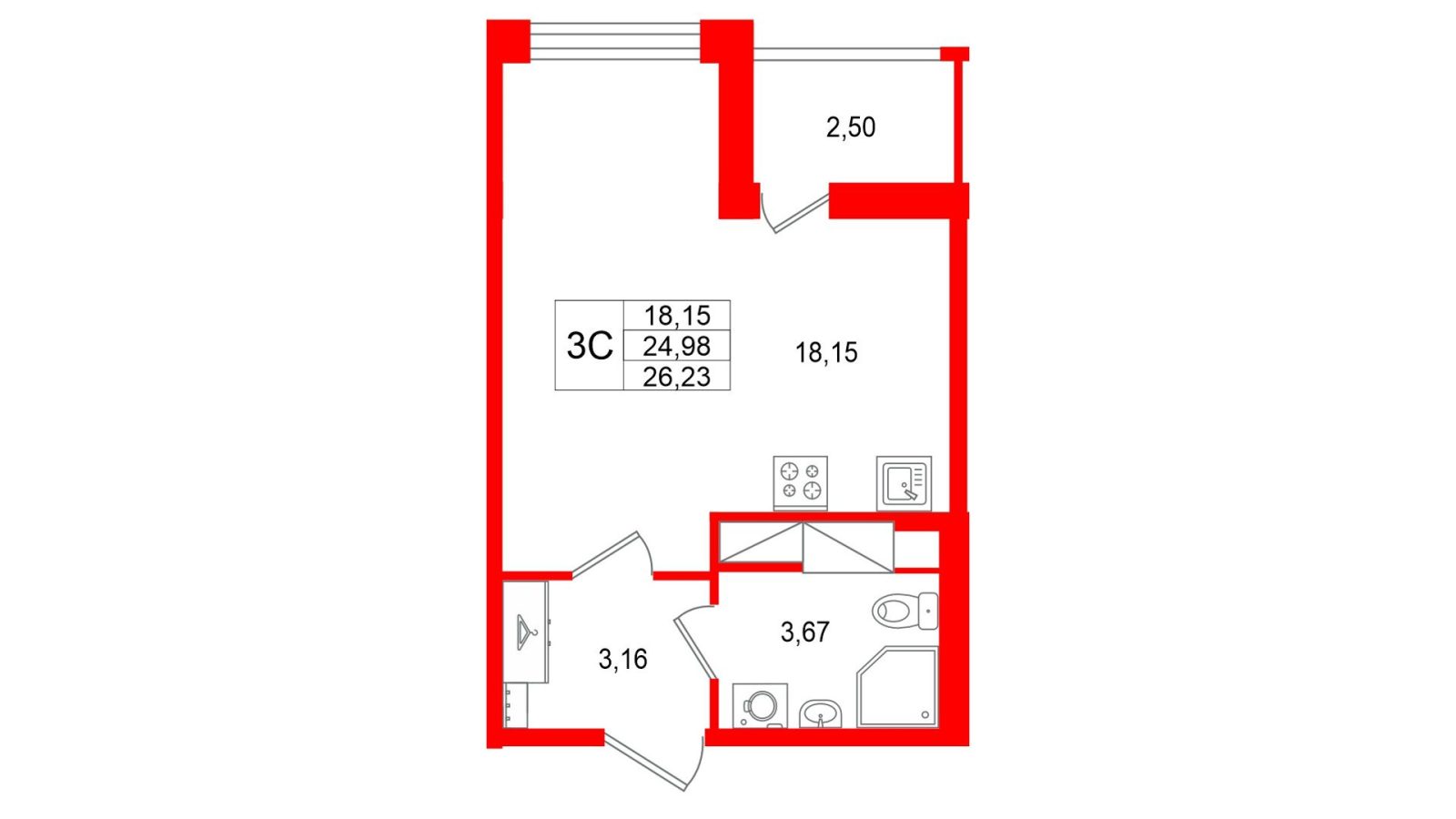 Планировка: студия, 25,0 м²