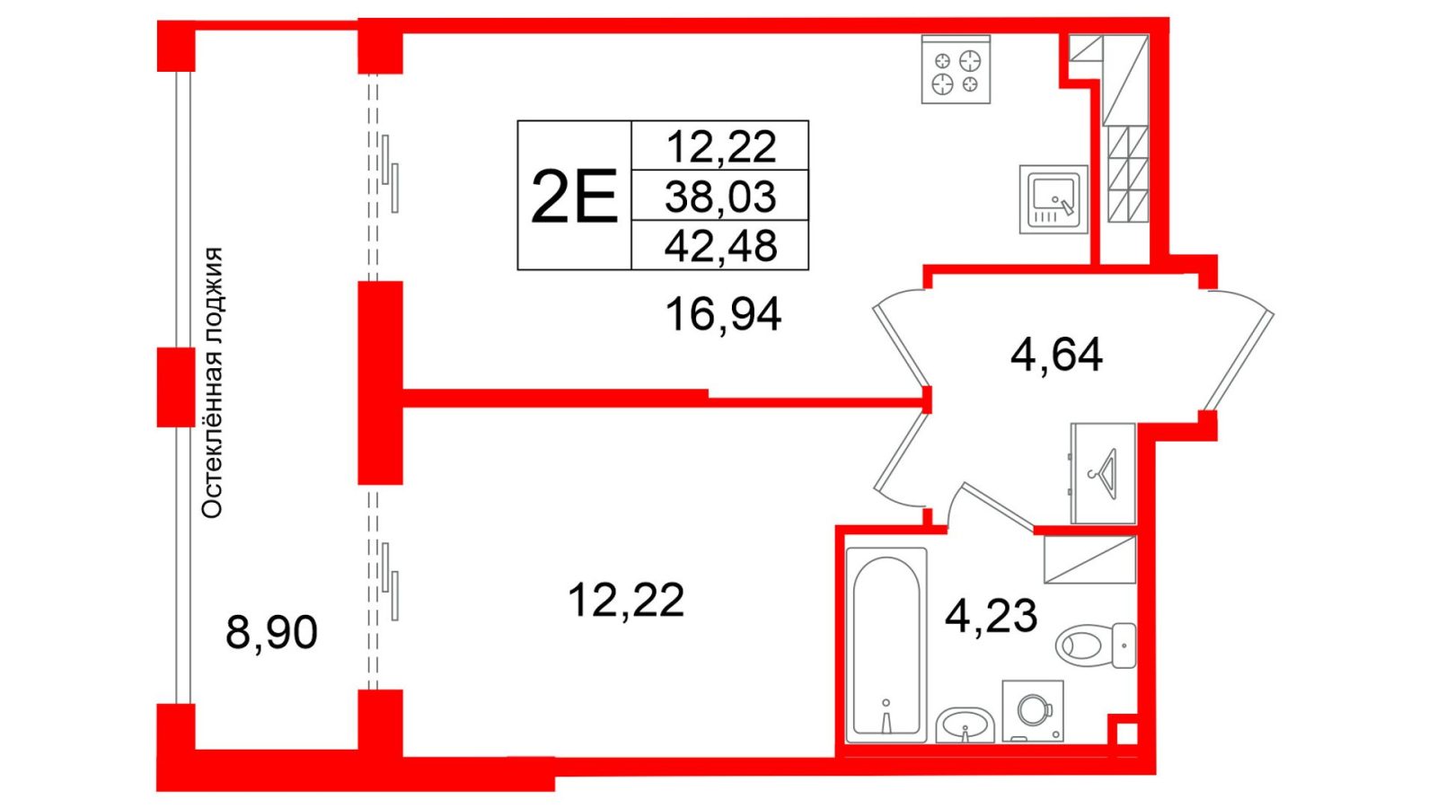 Планировка: 1-комнатная квартира, 38,0 м²