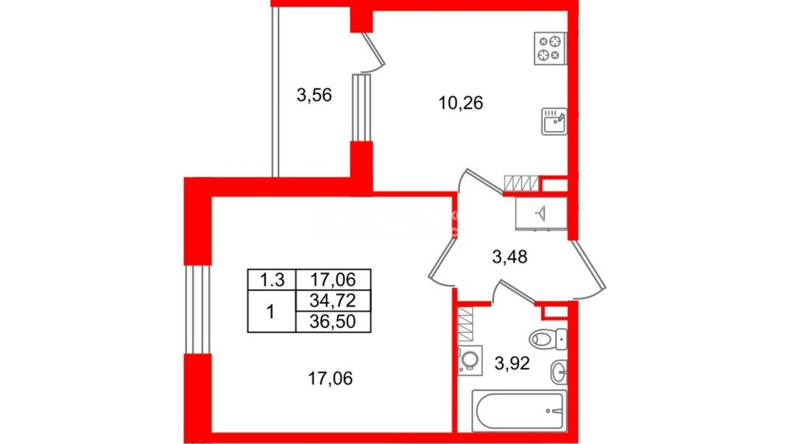 Планировка: 1-комнатная квартира, 34,7 м²