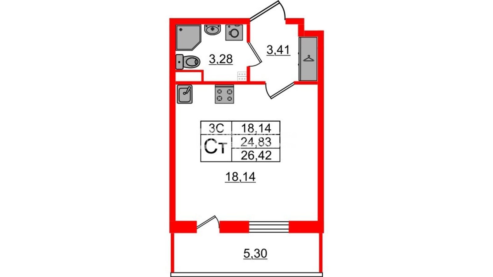 Планировка: студия, 24,5 м²