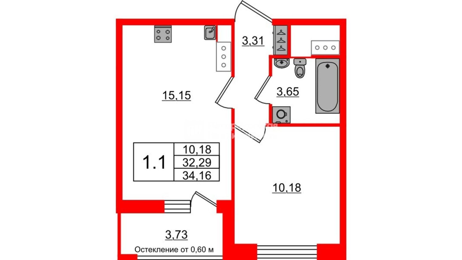Планировка: 1-комнатная квартира, 32,3 м²