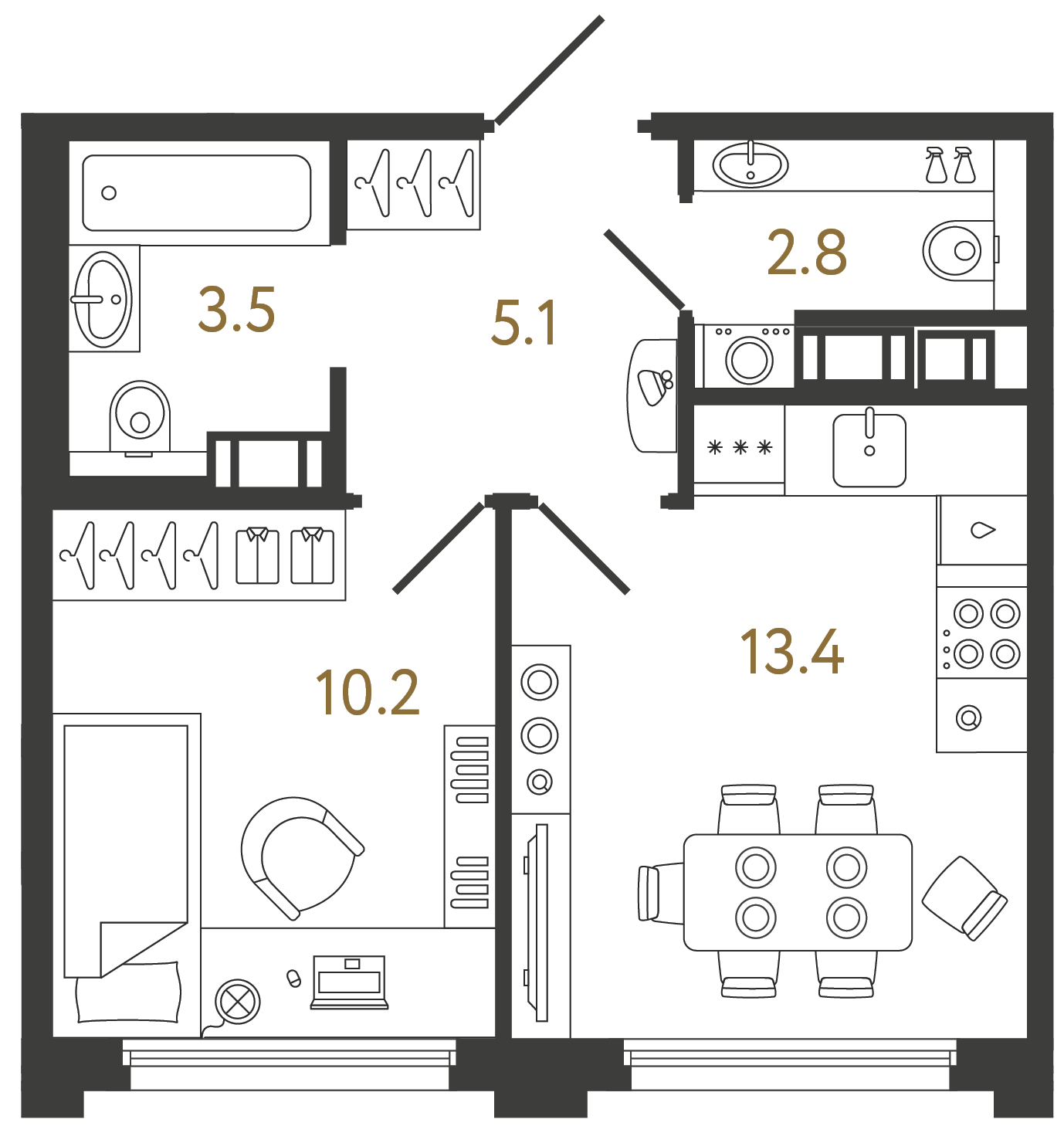 Планировка: 1-комнатная квартира, 35,0 м²