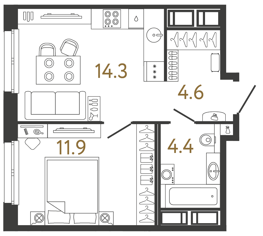 Планировка: 1-комнатная квартира, 35,2 м²