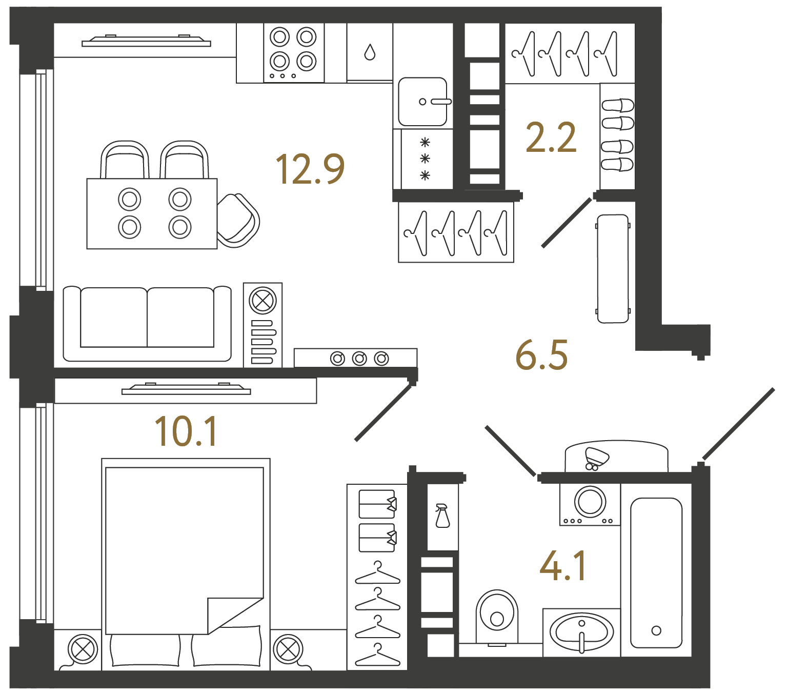 Планировка: 1-комнатная квартира, 35,8 м²