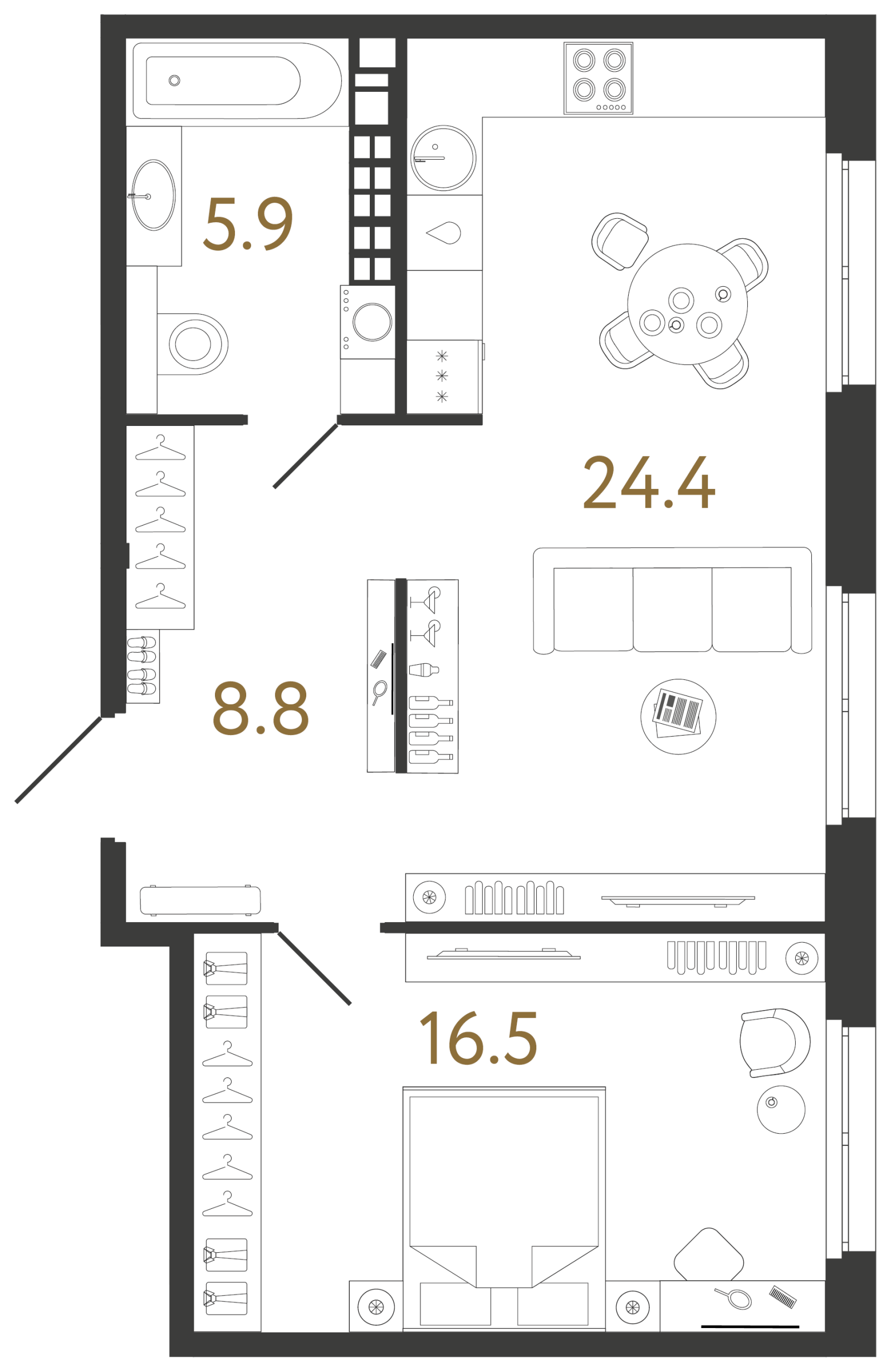 Планировка: 1-комнатная квартира, 55,6 м²