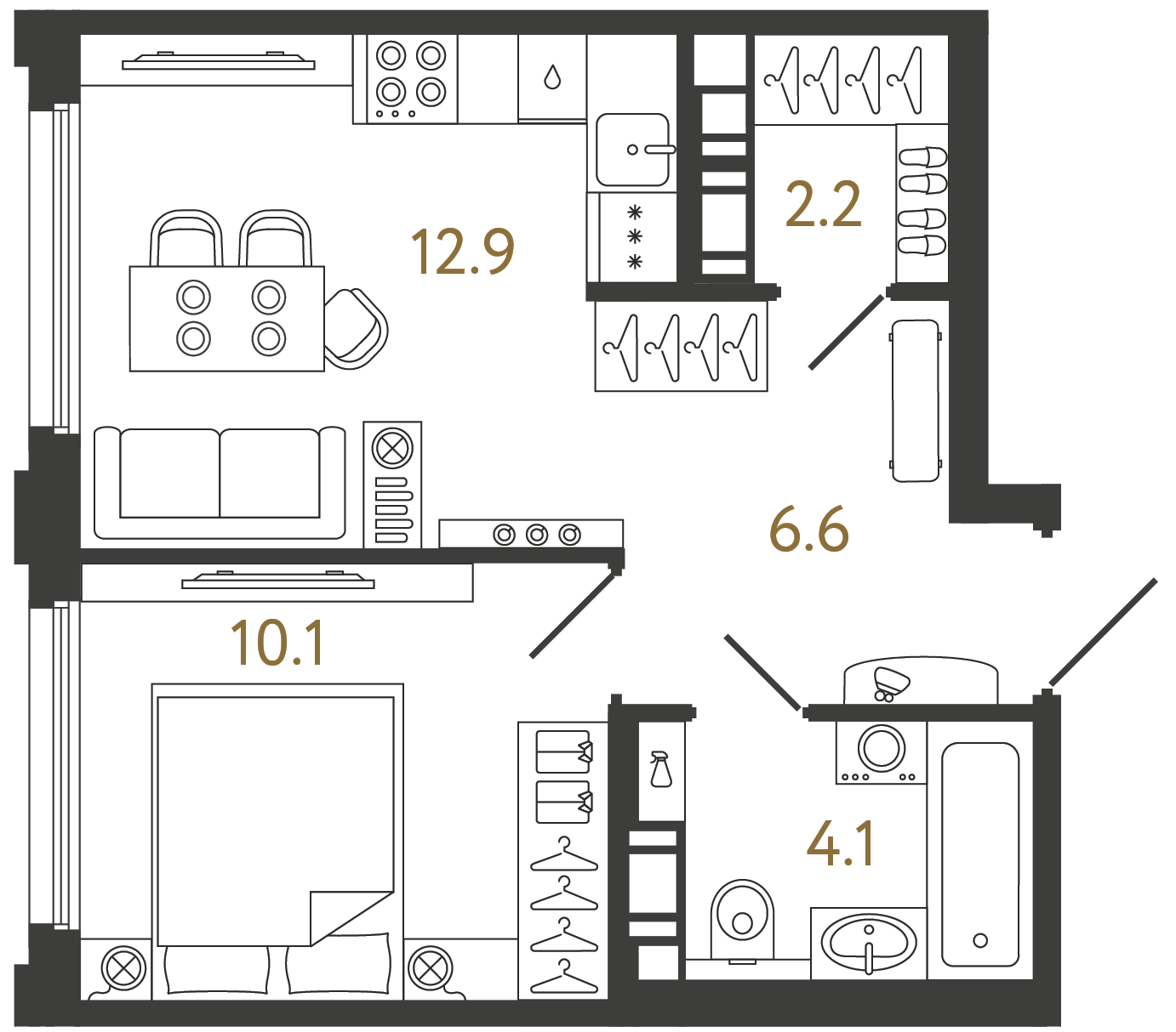 Планировка: 1-комнатная квартира, 35,9 м²