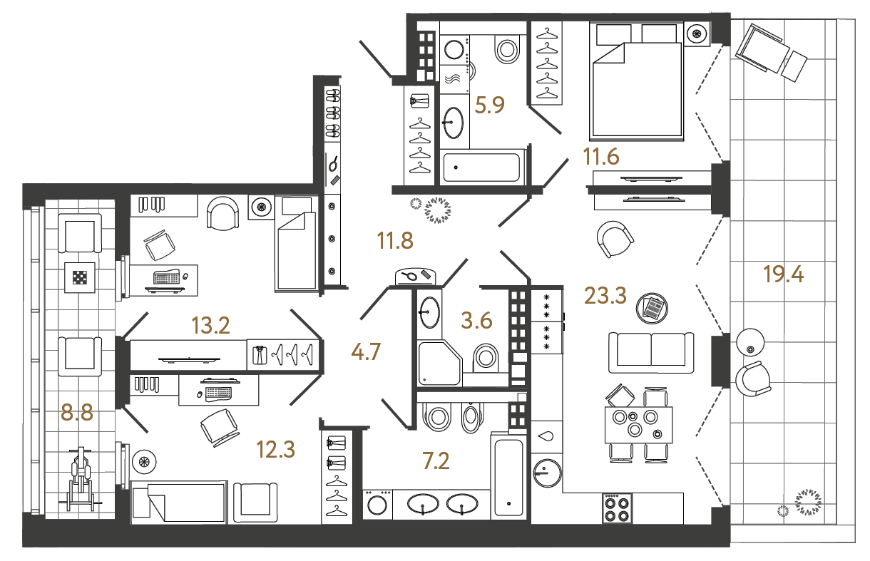 Планировка: 3-комнатная квартира, 93,6 м²