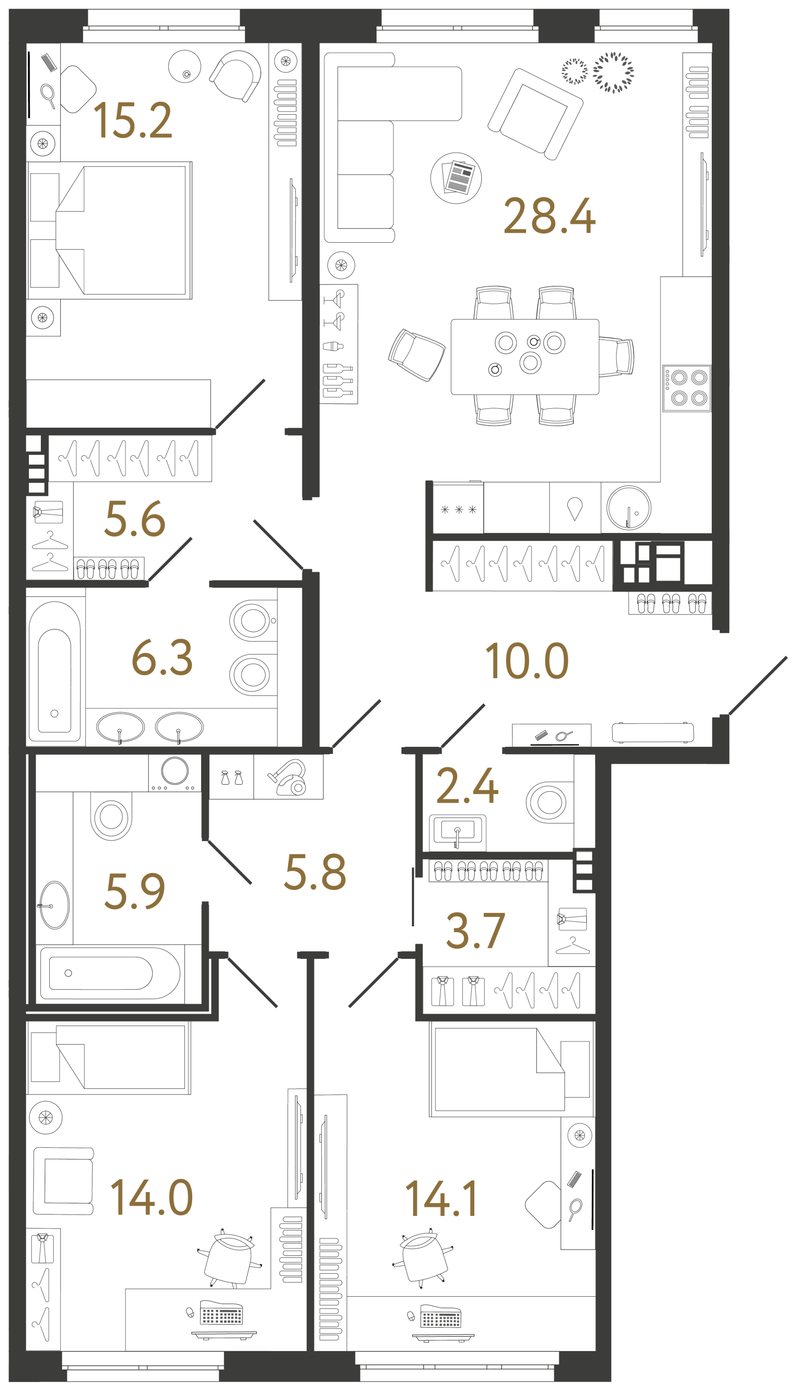 Планировка: 3-комнатная квартира, 111,4 м²