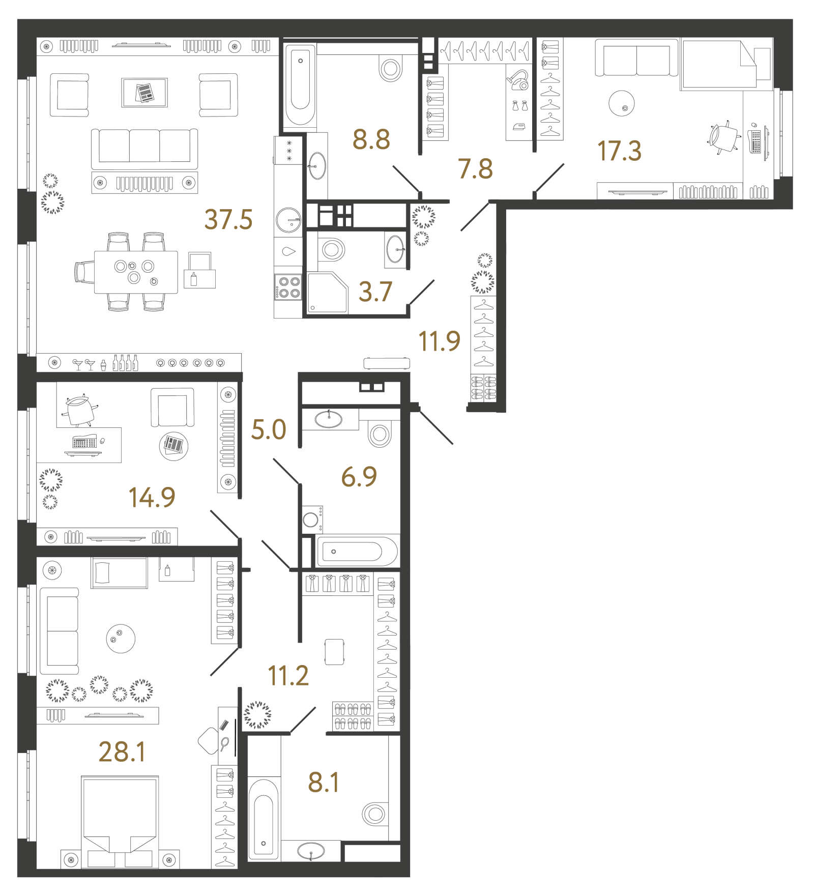 Планировка: 3-комнатная квартира, 161,2 м²