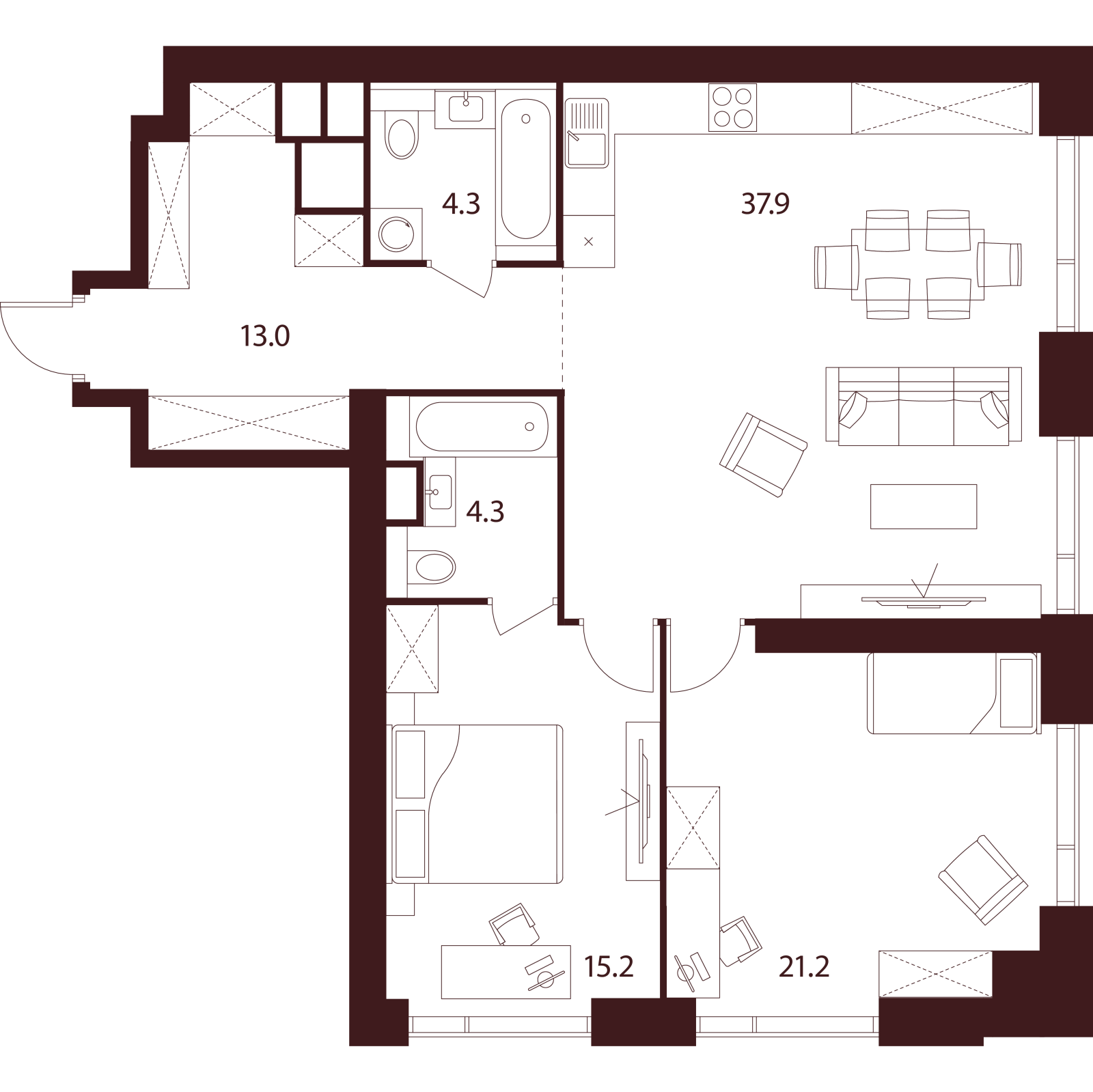 Планировка: 3-комнатная квартира, 95,9 м²