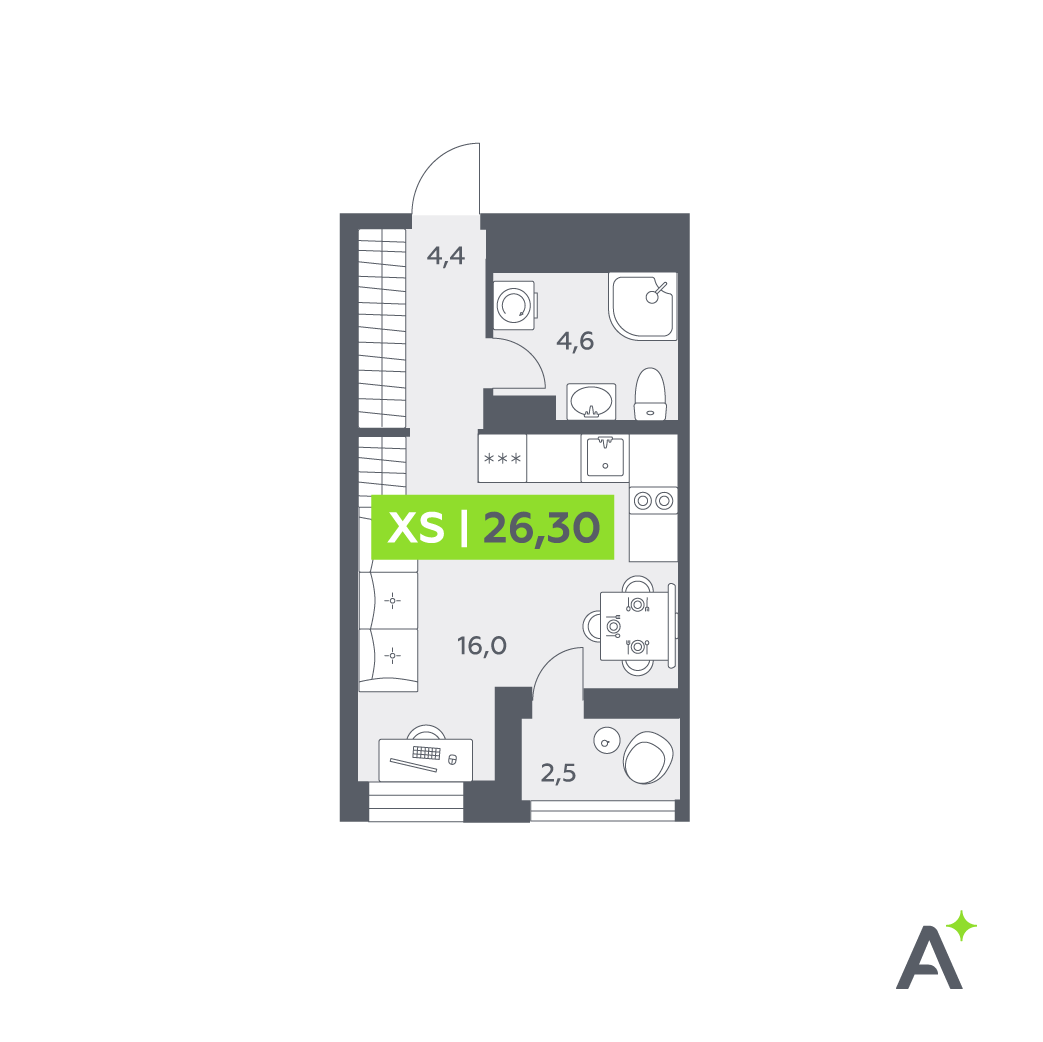 Планировка: студия, 26,3 м²