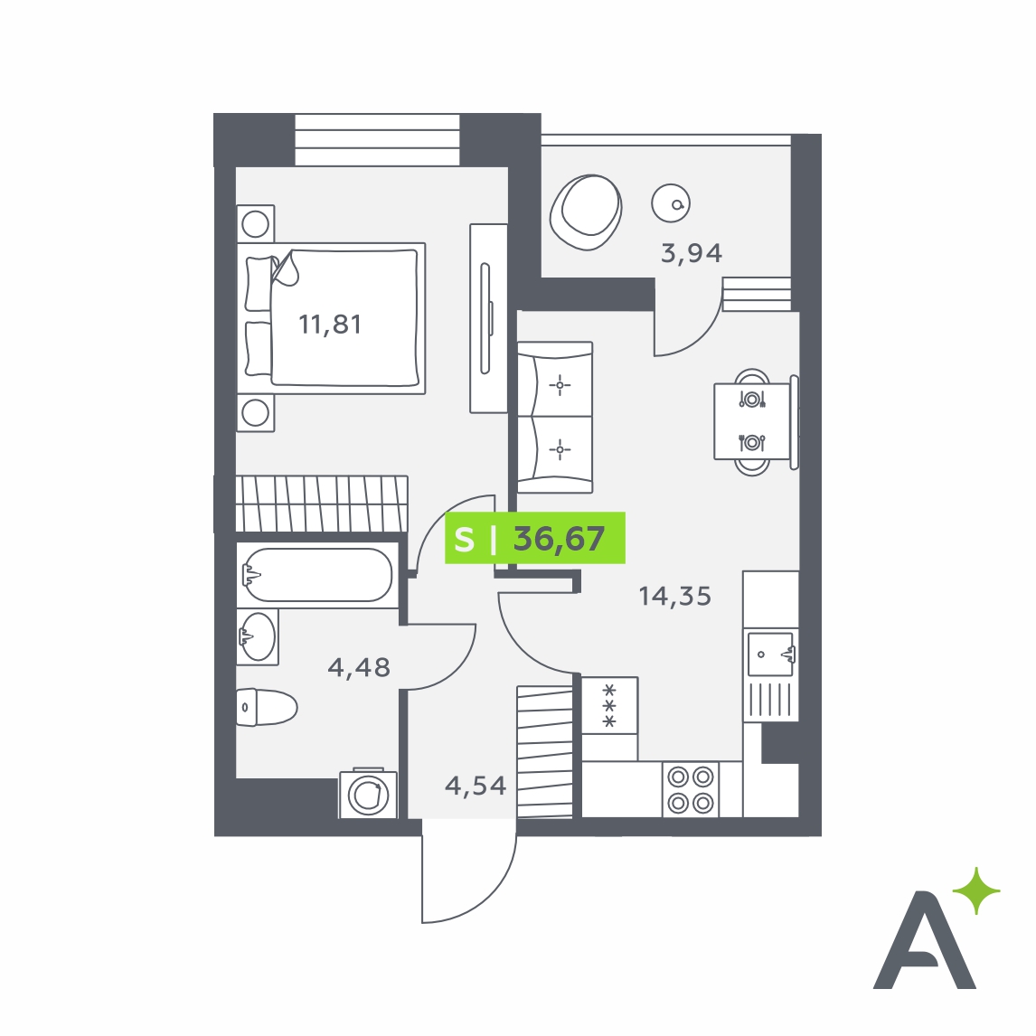Планировка: 2-комнатная квартира, 36,7 м²