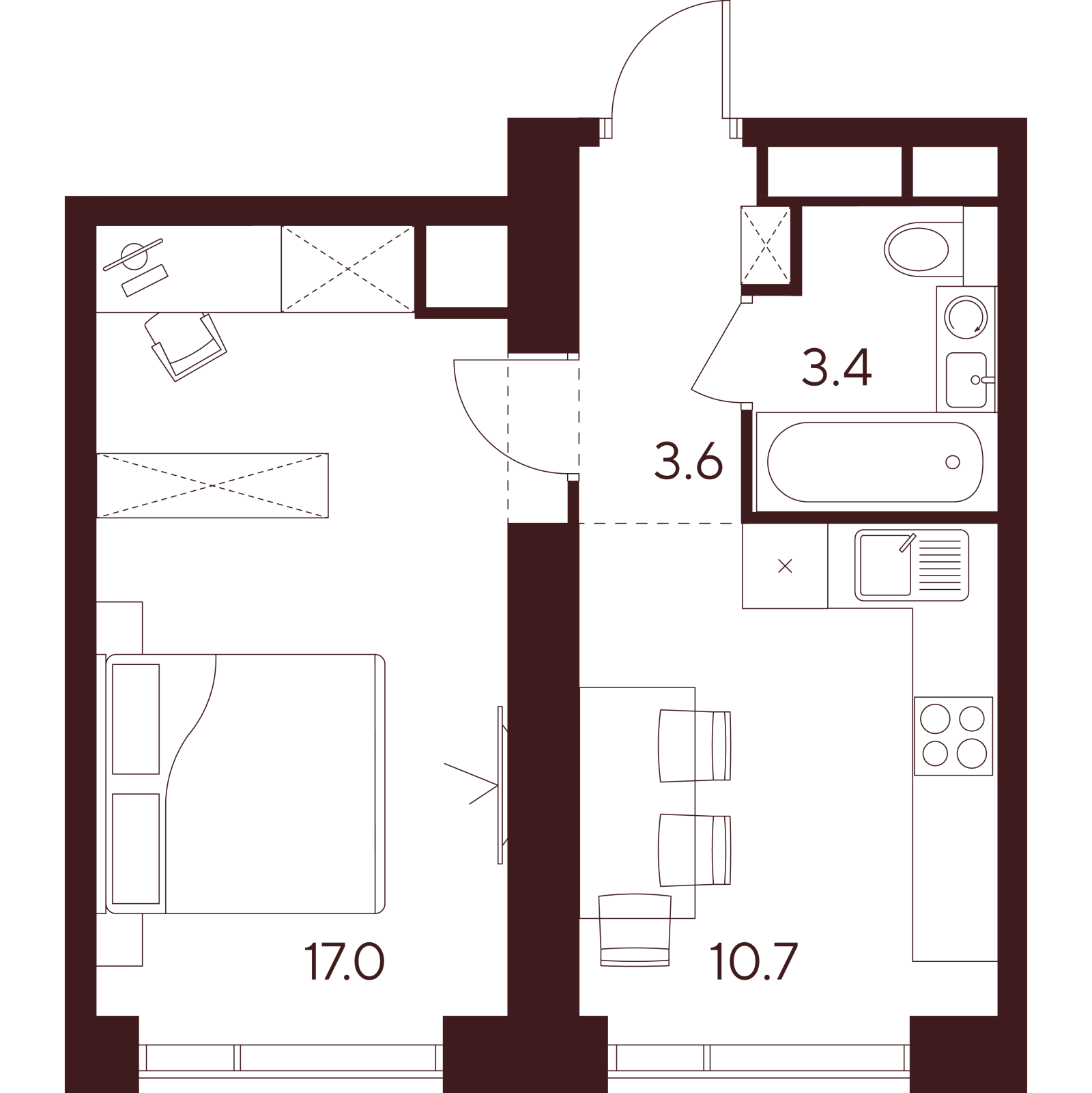 Планировка: 1-комнатная квартира, 34,7 м²