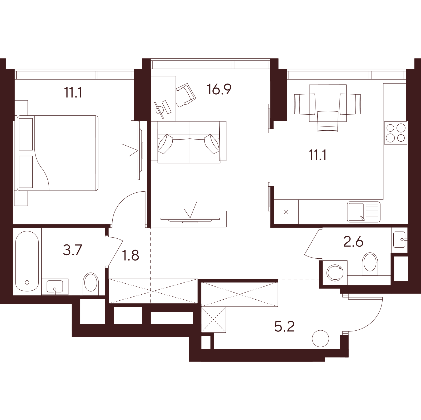 Планировка: 2-комнатная квартира, 52,4 м²
