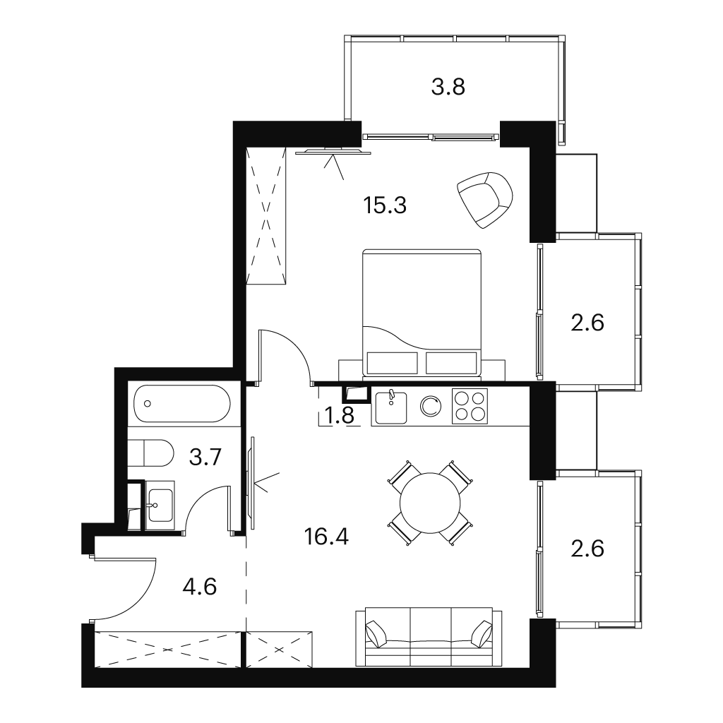 Планировка: 2-комнатная квартира, 50,8 м²