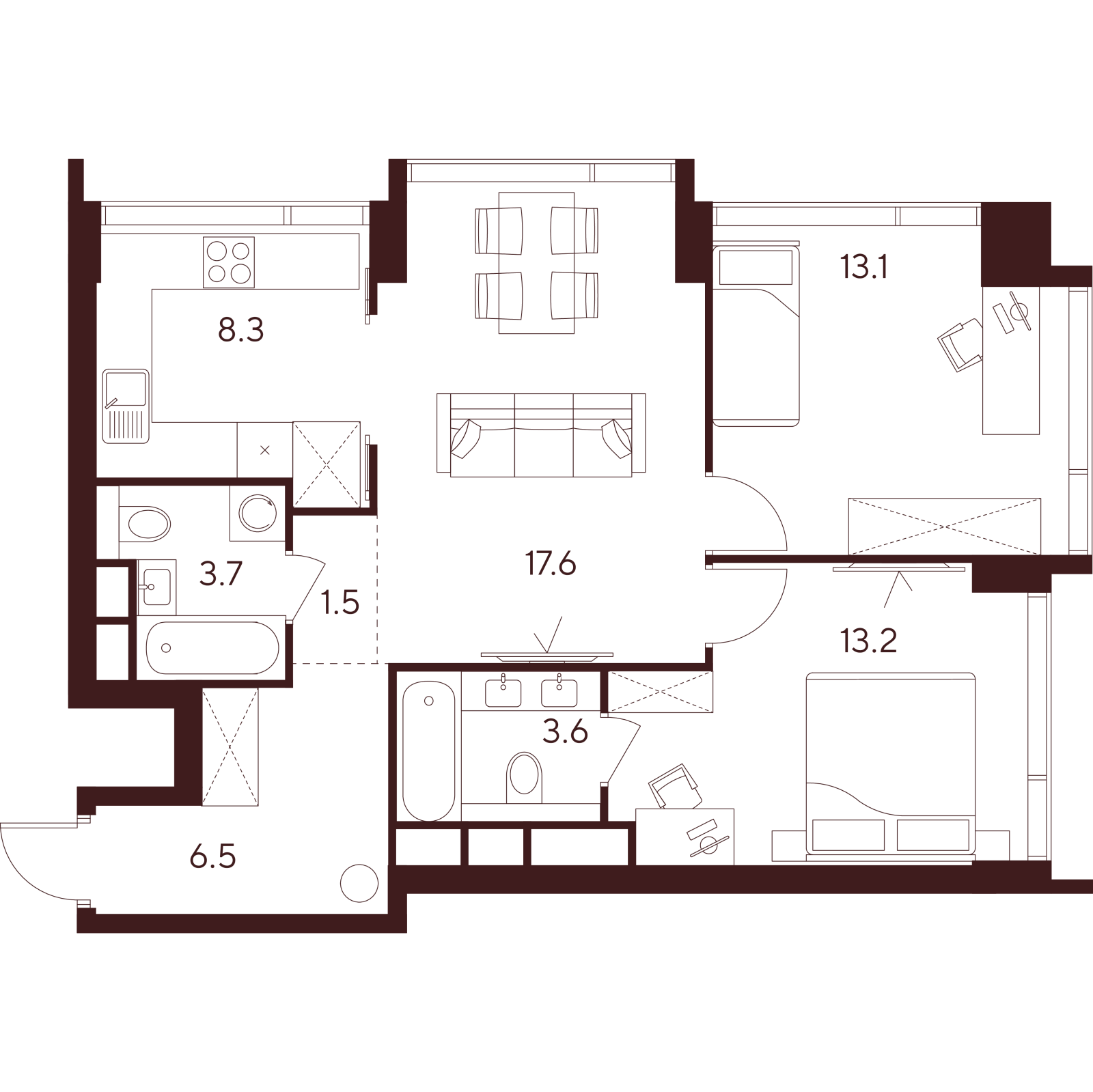 Планировка: 3-комнатная квартира, 67,5 м²