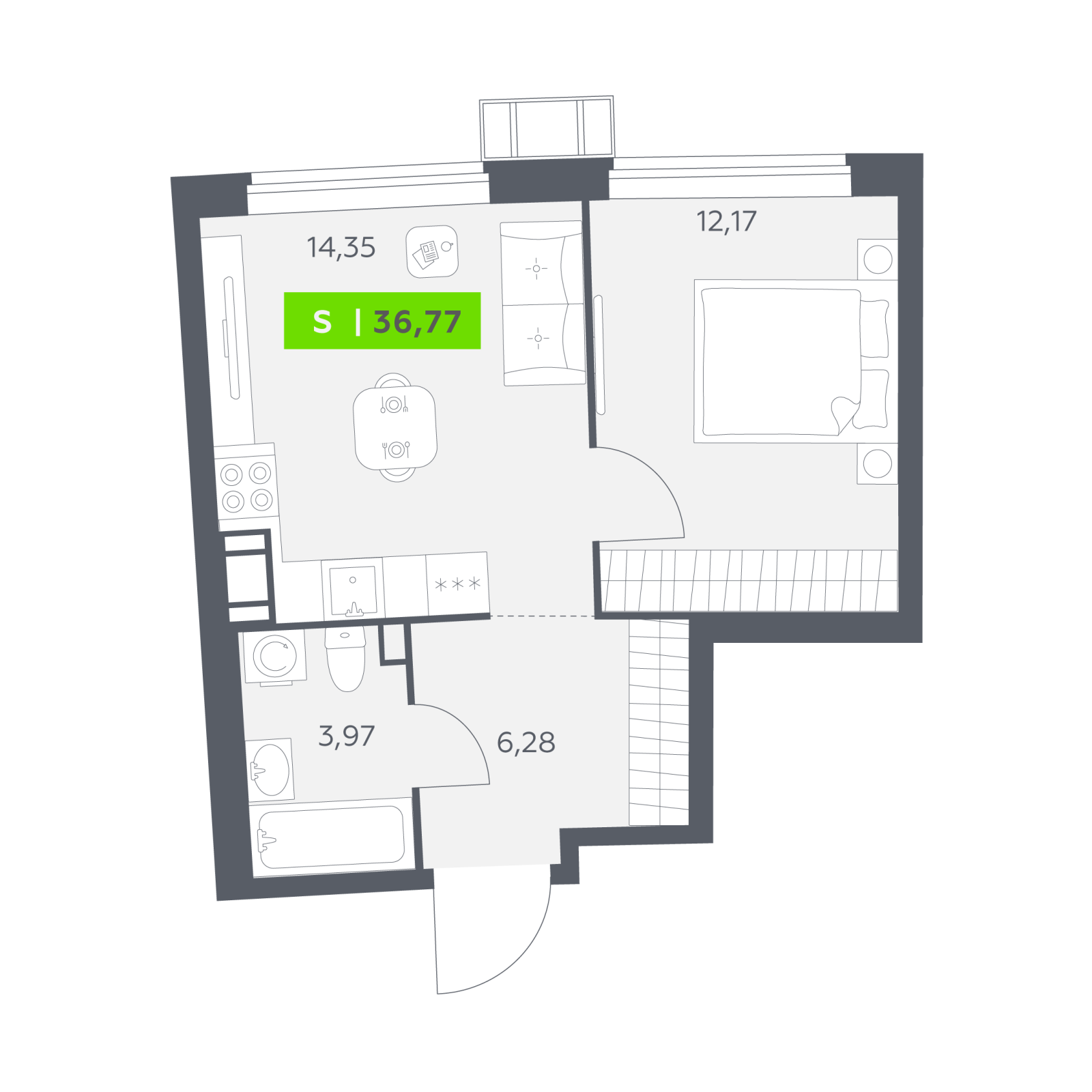 Планировка: 2-комнатная квартира, 36,8 м²