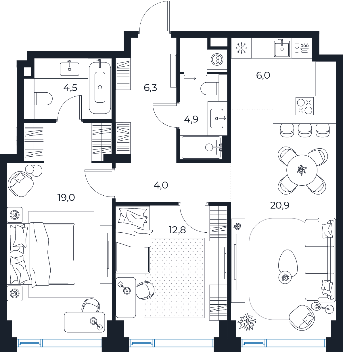 Планировка: 2-комнатная квартира, 78,4 м²