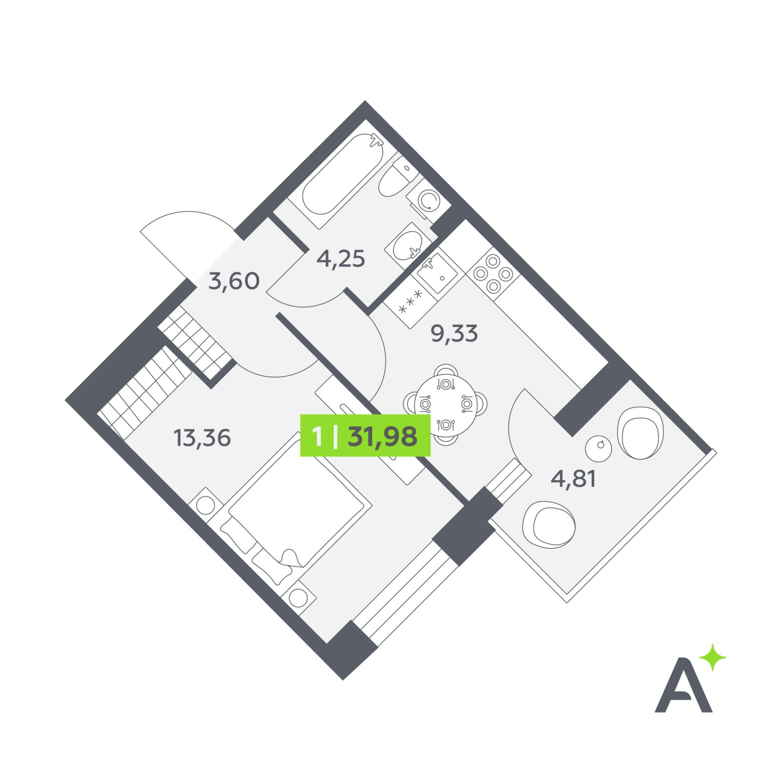 Планировка: 1-комнатная квартира, 32,0 м²