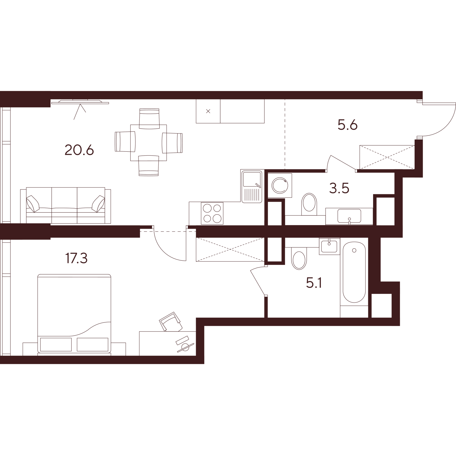 Планировка: 2-комнатная квартира, 52,1 м²