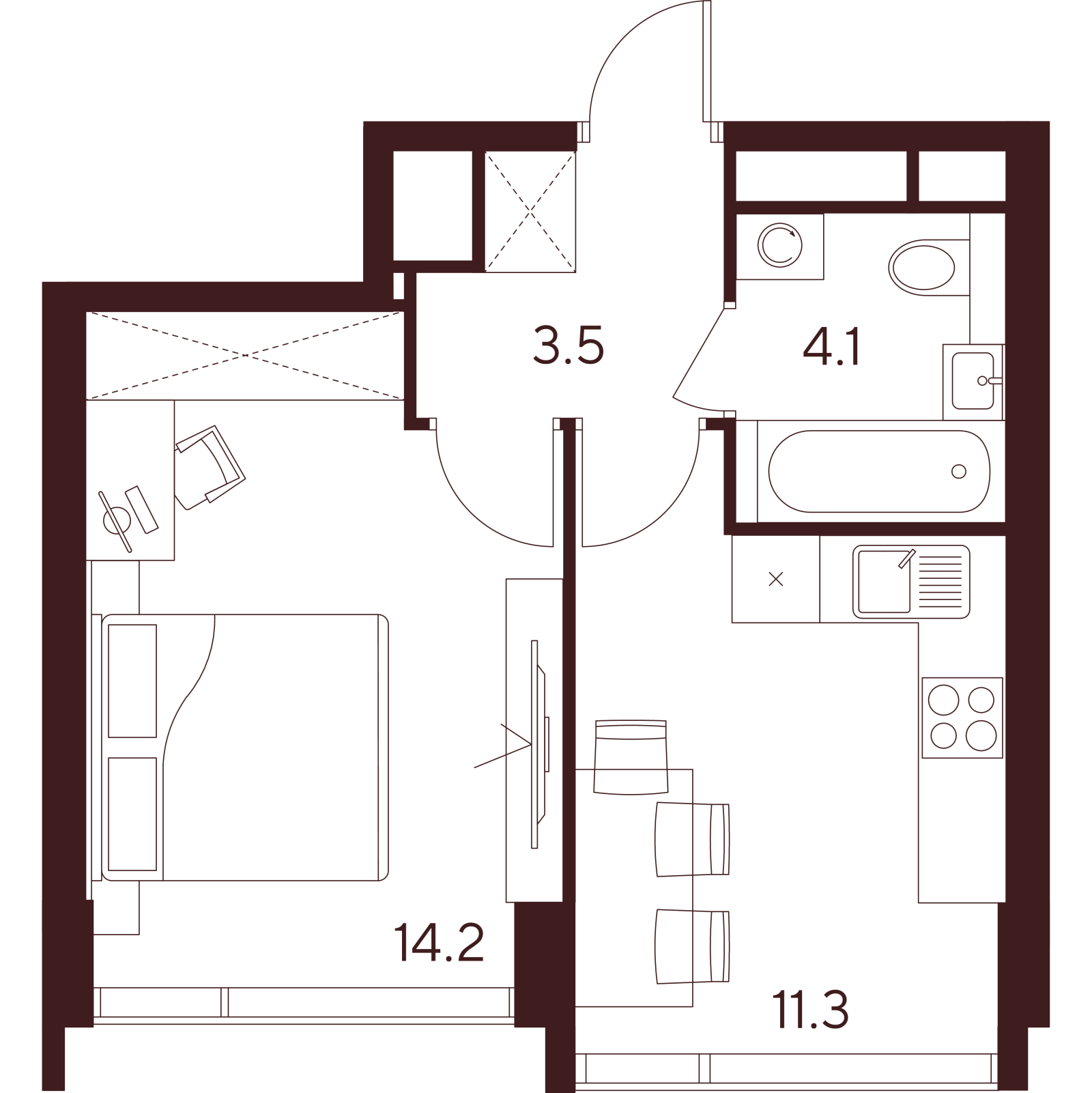 Планировка: 1-комнатная квартира, 33,1 м²
