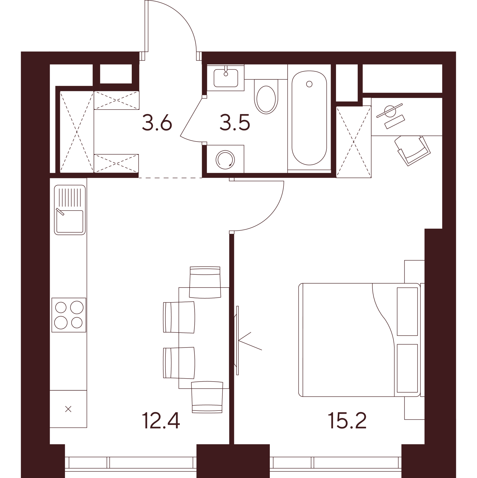 Планировка: 1-комнатная квартира, 34,7 м²