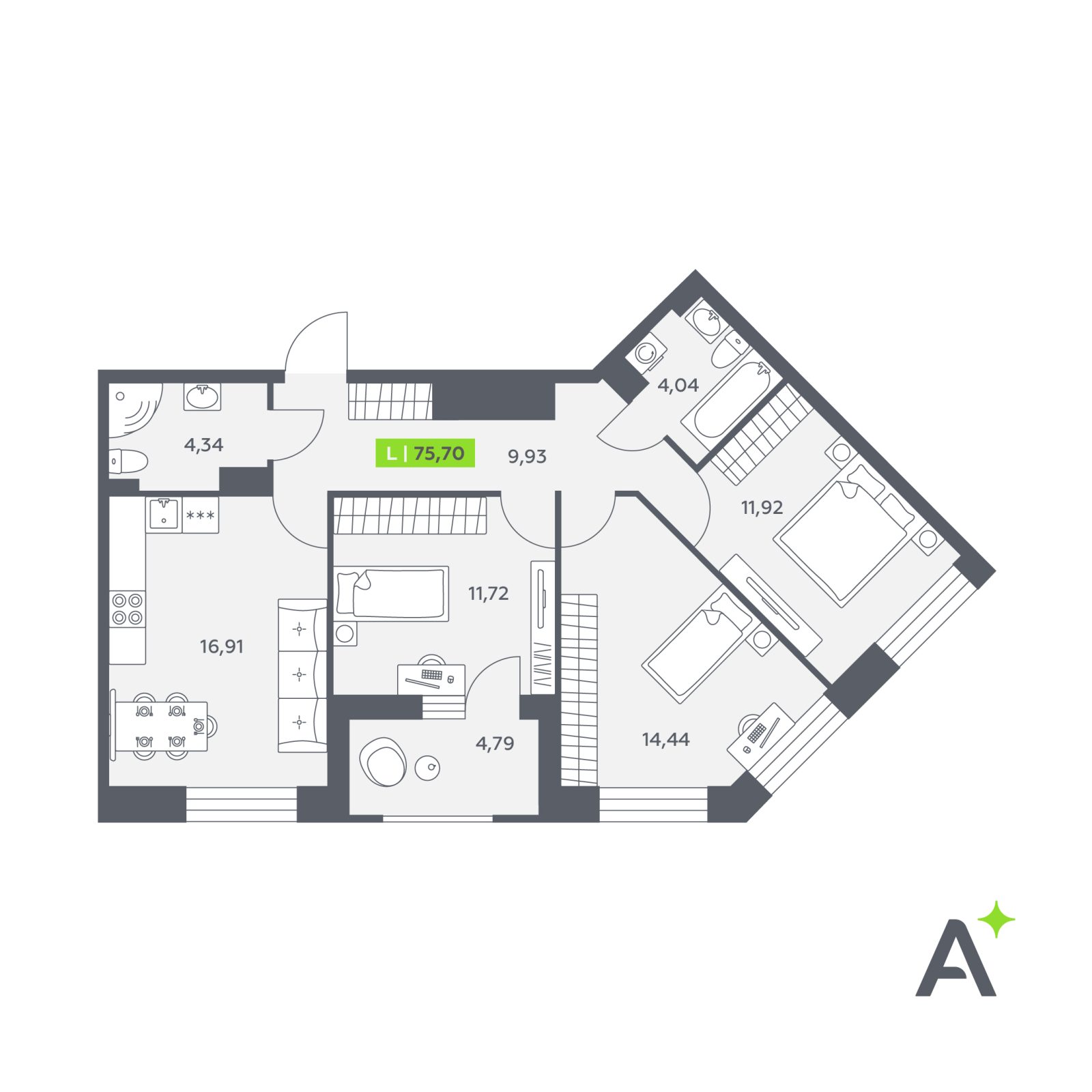 Планировка: 4-комнатная квартира, 75,7 м²