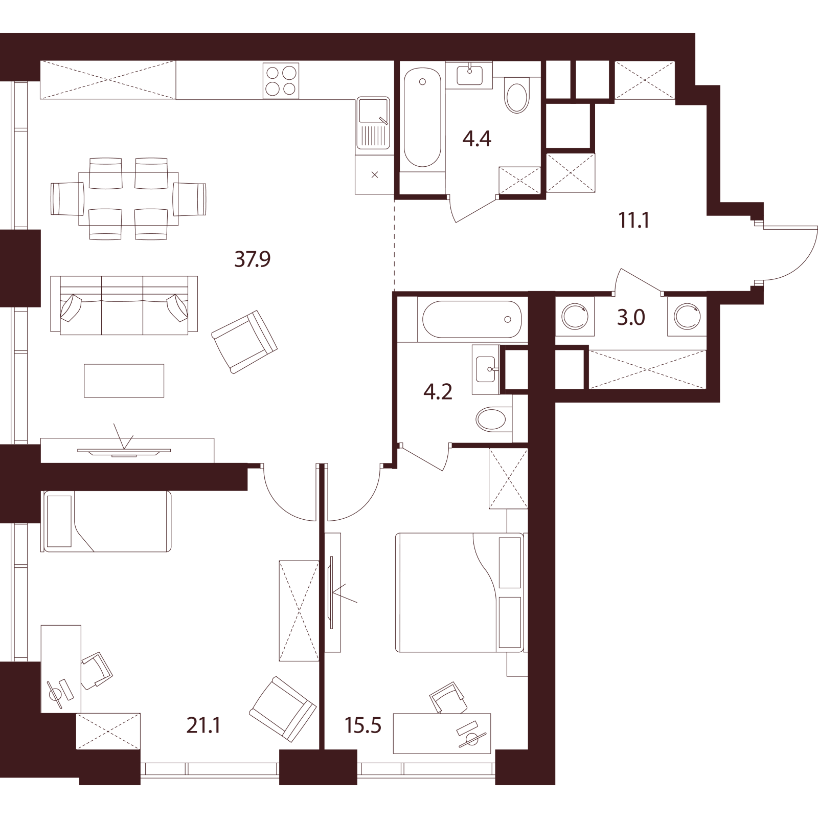 Планировка: 3-комнатная квартира, 97,2 м²
