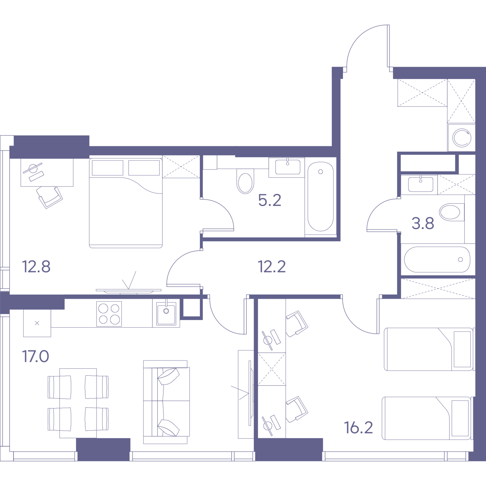 Планировка: 3-комнатная квартира, 67,2 м²