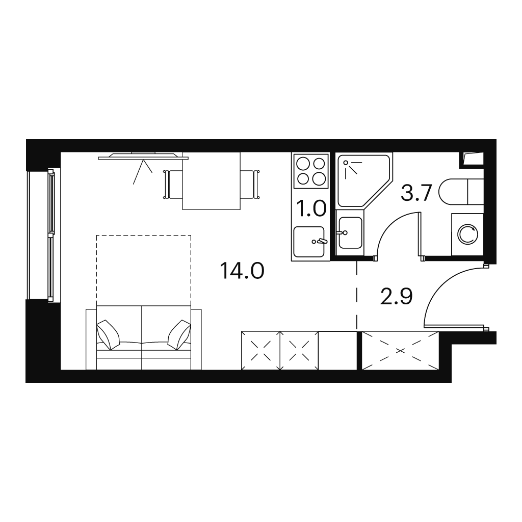 Планировка: студия, 21,6 м²
