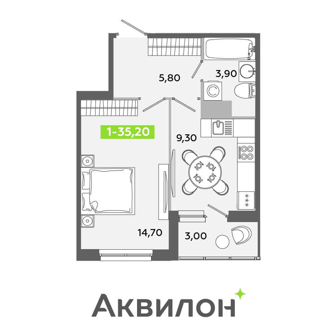 Планировка: 1-комнатная квартира, 35,2 м²