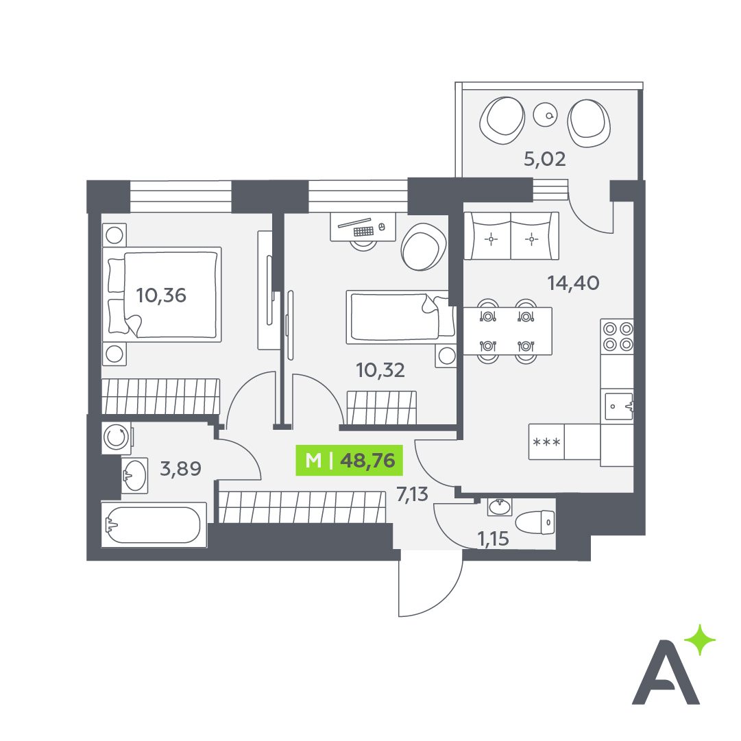 Планировка: 3-комнатная квартира, 48,8 м²