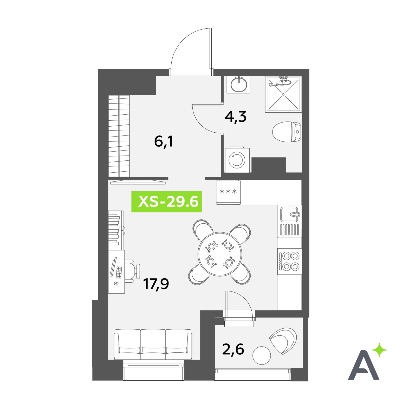 Планировка: студия, 29,6 м²