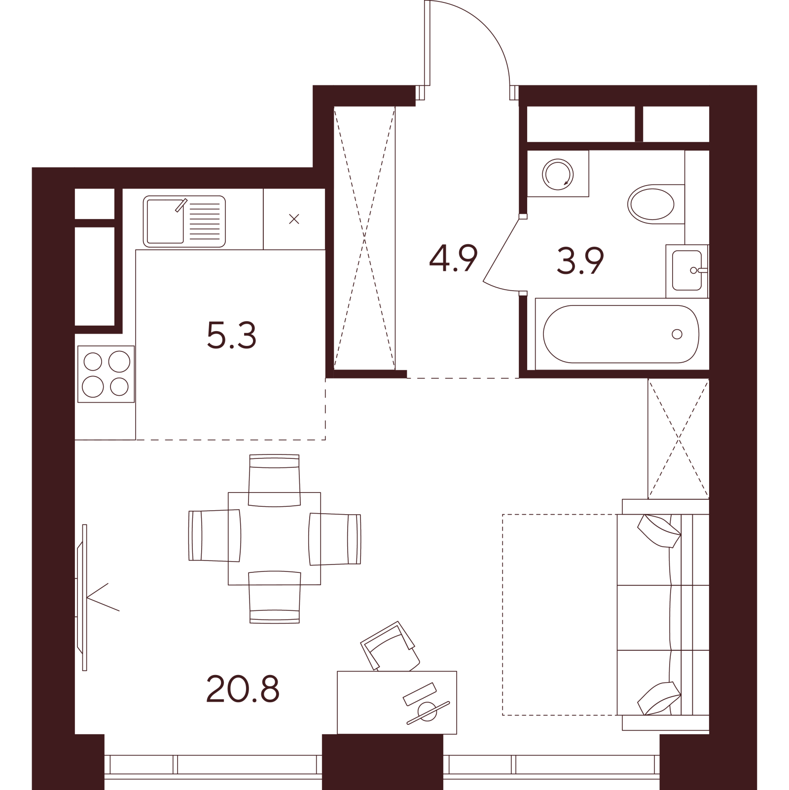 Планировка: студия, 34,9 м²