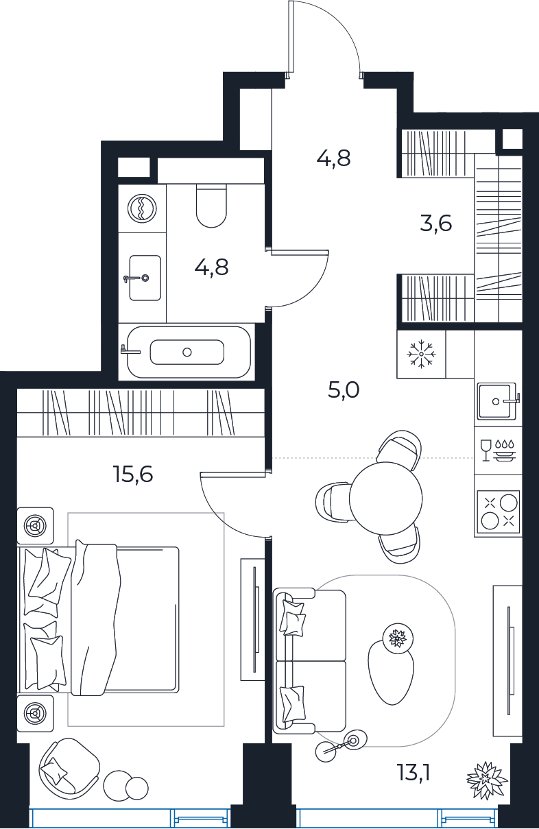 Планировка: 1-комнатная квартира, 46,9 м²